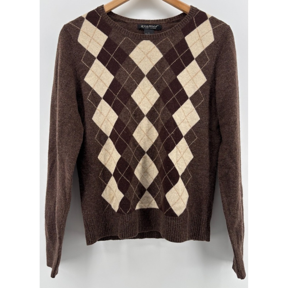 Avellini Womens Brown Argyle 100% Luxury Cashmere Crew Neck Pullover Sweater L